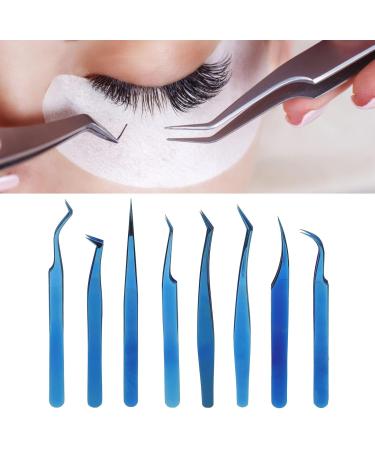 8-Piece Stainless Steel Eyelash Tweezers Set - Fine Tip Ergonomic Blue Titanium Eye Makeup Tools for Women - Portable & Durable - Buy Online on SooperMarket.com