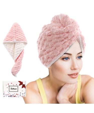 JEFFSUN Microfiber Hair Drying Towel Wrap 2-Layer Extra Thick Super Absorbent Hooded Hair Towel for Women Long Curly Frizzy Wet Hair 2 Colors Pink & White Reversible Hair Turban Towel White & Pink