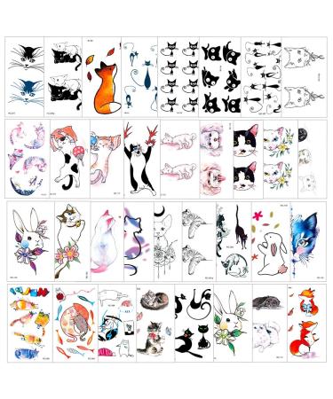 PHOGARY 90 Pieces 34 Sheets Cat Pets Theme Temporary Tattoos Kitty/Dog/Fox/Rabbit Patterned Body Art Waterproof Tattoos for Kids