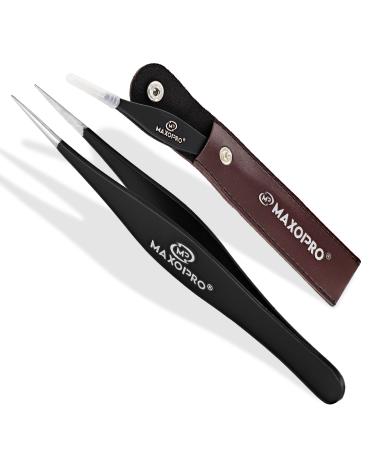 Professional Sharp Tweezers Pointed Tip | Stainless Steel  Fine Tip Needle Nose Tweezers for Women and Men | Facial & Eyebrow Hair  Ticks  Precision Splinter & Ingrown Hair Removal by MAXOPRO   Black