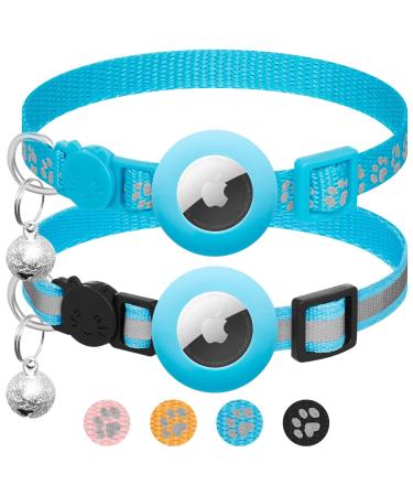 Lafayi 2 Pack Airtag Cat neck band with bell reflective GPS Tracker cat Apple Airtag case personalized Airtag collar cat with safety lock adjustable for cat collar blue