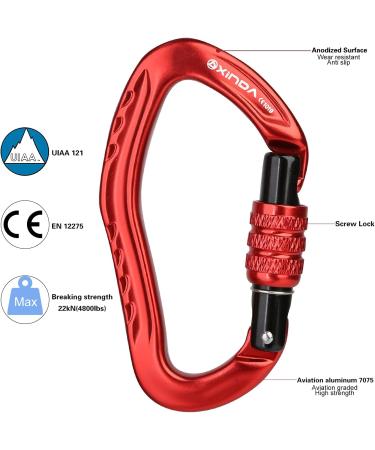XINDA 22KN Screw Locking Carabiner Clip - CE UIAA Certified - Heavy Duty Aluminium - Set of 2 Red Carabiners for Climbing and Outdoor Activities - Buy Online on SooperMarket.com