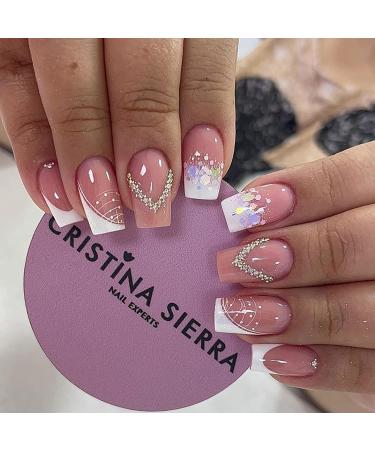 24Pcs French Tip Press on Nails Short Square Nude Pink Fake Nails Hexagon Nail Glitter Design Heart Rhinestones False Nail Full Cover Artificial Glue on Nails for Women Girls Acrylic Nails Decorations A-19