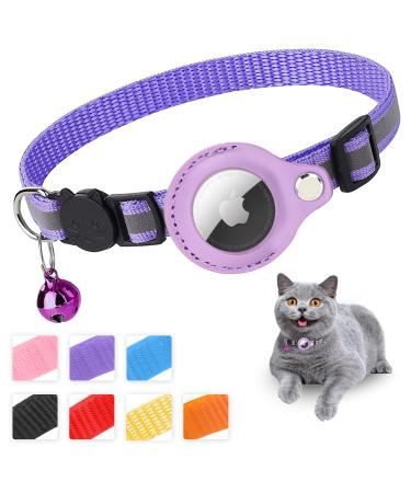 Mouyou Airtag cat neck band Airtag collar cat soft nylon reflective with bell and safety clasp tracking cats collar with holder airtag case adjustable from 22-34cm purple