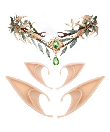 MOSTORY Fairy Leaf Rhinestone Crown with Elf Ears Set Handmade Princess Headpiece with 2 Pairs Soft Elven Ears kit for Women Womens Reneaissance Halloween Wedding Cosplay Photo Props