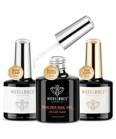 Modelones Builder Gel with Base and Top Coat Set 3Pcs No Wipe Base and Top Coat Gel Nail Polish with Gel Builder for Nails Transparent Builder Strengthener Hard Gel Builder Gel in a Bottle 10ML Clear