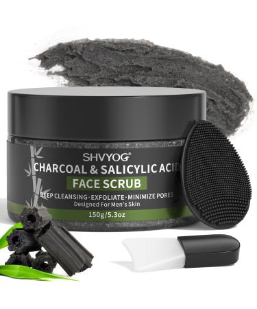 Men's Face Scrub Bamboo Charcoal Salicylic Acid Face Exfoliant Facial Peeling Improves Blackheads Acne Clogged Pores Cleansing Oil Control Pre-shave Care for Men with Facial Cleansing Brush