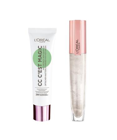 L'Or al Paris C est Magic Anti-Redness CC Cream and Glow Paradise Plumping and Hydrating Lip Gloss with Hyaluronic Acid and a Collagen Complex for a Fresh Clean Makeup Look CC Cream & Gloss