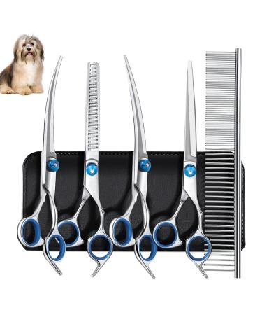 Diompirux 5-pack Profi Dog Chances Set including 1 Effilier scissors 2 curved 1 straight scissors 1 fur care comb for fur care dog cat pet for full body face nose and ear