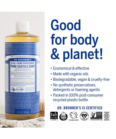 Dr. Bronners Peppermint Pure-Castile Liquid Soap 32oz 2-Pack - Organic 18-in-1 Soap for Face, Body, Hair, Laundry, Pets & Dishes - Concentrated, Vegan, Non-GMO - 32 Fl Oz (Pack of 2) - Buy Online on SooperMarket.com