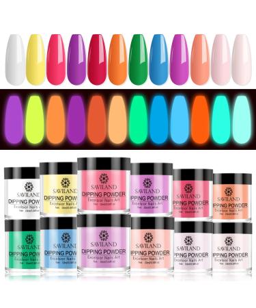 Saviland Dip Powder Colors -12 Glow in the Dark Dip Powder Starter Kit Neon Fluorescent Effect Nail Art Powder Dipping Powder Set for French Manicure Home DIY Gift Set B-Glow in the Dark Green