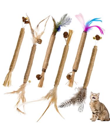 Zuimei 6 Pack Silvervine Chew Sticks Kitten Teething Toys Natural Cat Teeth Nip Cleaning Teeth Chew Catnip Toys with Bells and Feathers for Cat Teeth Cleaning Kitten Teething and Stress Release