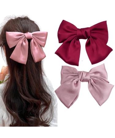 2PCS Silky Satin Hair Bows Hair Clip Black Hair Ribbon Ponytail Holder Accessories Slides Metal Clips Hair Bow for Women Girls Toddlers Teens Kids (Bow Clip-Pink/Red)
