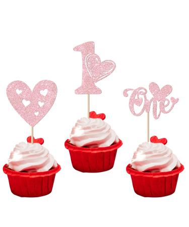 Rsstarxi 24 Pack Happy Valentine's Day 1st Birthday Cupcake Toppers Glitter Valentines Heart One Cupcake Picks for Valentine's Day Baby Shower First Birthday Party Cake Decorations Pink Design 19 Pink
