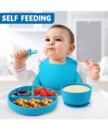 Baby Feeding Set - Silicone Bib, Suction Divided Bowl, Spoon, Fork - Toddler Utensils for Baby Led Weaning - Blue (6 Months) - Buy Online on SooperMarket.com