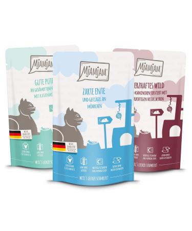 Mjamjam - Premium wet feed for cats - Mix package II 4*Wild & rabbits 4*turkey 4*duck & poultry 12 pack (12 x 125 g) grain -free with extra meat single