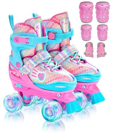 Roller Skates Grow with Girls, Sportneer 4 Sizes Adjustable Light Up Roller Skates for Girls Age 3-5 6-12 Roller Skates with Protective Gears Illuminating Wheels Gift for Kids Toddler Beginner Small (12C-1.5Y)