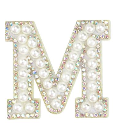 Sparkly Rhinestones and Elegant Pearls Iron On Patches for Clothing, A-Z Sew On Decorative Letter Patch Glitter Alphabet Applique Rhinestone Pearl English Letter for DIY Craft Supplies (M) White