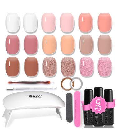Lavender Violets 19 Pcs Gel Nail Kit Nail Polish Spring Jelly Pink Semi-transparent Nude Colours Shellac Nail Kits With UV Lamp Base Coat Matte n No Wipe Top Coat Starter Kit Nail File Sticker 964D Jelly Pink-964D