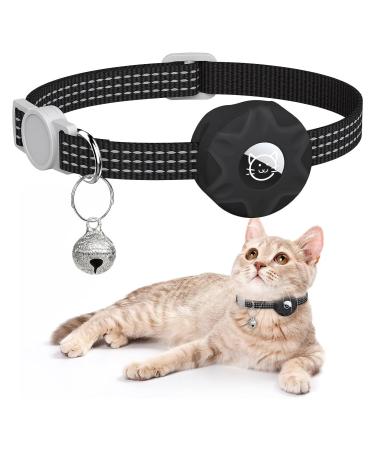 For Airtag cat neck band integrated reflective kitten neck band with Airtag holder puppy cat neck band with bell light tracker cats collars for girls young cats black bell-black