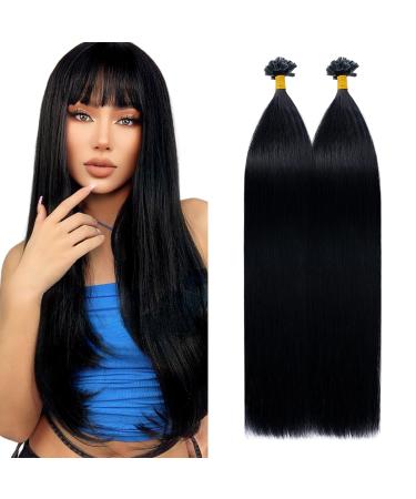 Silk-co U Tip Human Hair Extensions Pre Bonded Keratin Nail Tip 22"-100g 100S Strands #01 Jet Black Remy Real Long Straight