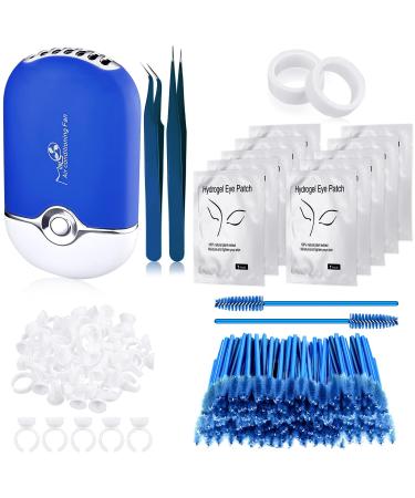 Honoson Eyelash Extension Supplies, USB Air Conditioning Blower, 2 Straight and Curved Tweezers,100 Disposable Mascara, 50 Glue Ring Holder, 2 Tapes, 10 Pairs Under Eye Gel Pads (Blue)