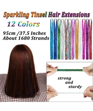 12 Colors Hair Lametta - 1800 Strands Glitter Hair Extensions for Women & Girls - 100cm Tinsel Highlights - Buy Online on SooperMarket.com