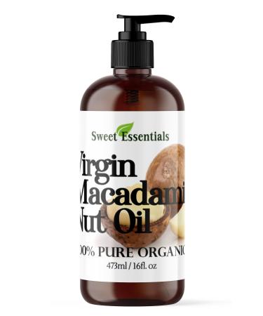 Sweet Essentials Organic Unrefined Macadamia Nut Oil | 16oz GIass Bottle with Pump | Imported From Italy | 100% Pure | Food Grade | Offers Relief From Dry Skin Eczema Psoriasis Dermatitis & More