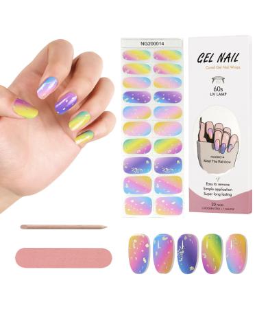 Kalolary 20PCS Nail Gel Polish Strips Full Wraps Nail Polish Stickers Cured Gel Nail Strips Self-Adhesive Gel Nail Wrap Stickers Decals with Nail File and Stick(UV/LED Lamp Required) NJTZ-14