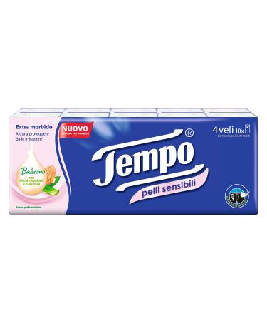 Tempo - tissues 4-ply with aloe vera for sensitive skin - 10 packs with 9 tissues each.