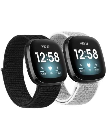 Adjustable Nylon Bands Compatible with Fitbit Sense Bands and Fitbit Versa 3 Bands for Women Men, Soft Breathable Replacement Strap Wristbands for Fitbit Versa 3 / Fitbit Sense (Black/Seashell) 002, Black/Seashell