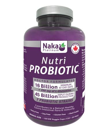 Naka Platinum Nutri Probiotic 45 Billion Input 7 Probiotic Strains +250 mg L-Glutamine. Gastro-Intestinal Health Healthy Gut Flora 150 Delayed Release Capsules
