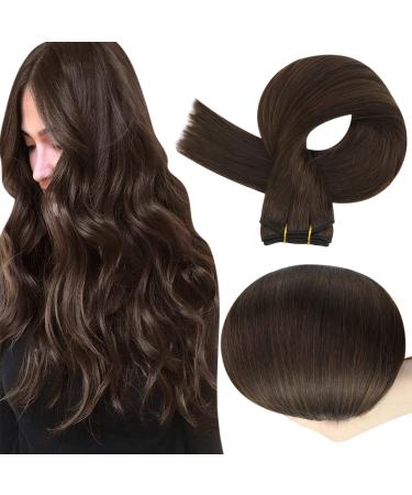 Full Shine Hair Extensions Weft Human Hair Brown Sew in Real Hair Extensions 2 Dark Brown Weft Hair Extensions Real Human Hair Bundles for Women 105g 20 Inch 20 Inch  2 Dark Brown