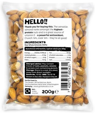 Gorilla Food Co. Natural Almonds Whole Raw Californian Extra No.1 Grade - 200g - Buy Online on SooperMarket.com