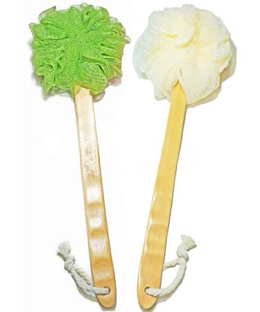 Shower Loofah Body & Back Scrubber - Exfoliating Loofah Bath Brush On a Stick - With Long Wooden Handle Back Brush For Men & Women - Easy Reach Body Wash & Lotion Applicator( 2 PACK- White&Green)