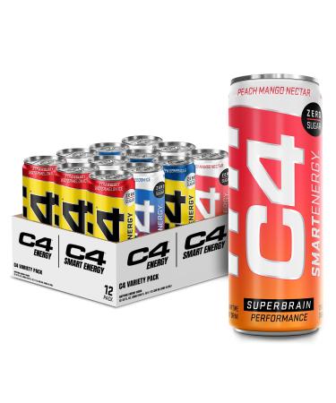C4 Energy & Smart Energy Drinks Variety Pack, Sugar Free Pre Workout Performance Drink With No Artificial Colors or Dyes, Zero Calorie, Coffee Substitute or Alternative, 4 Flavor Variety 12 Pack Brain & Body Variety Pack 12 Fl Oz (Pack of 12)