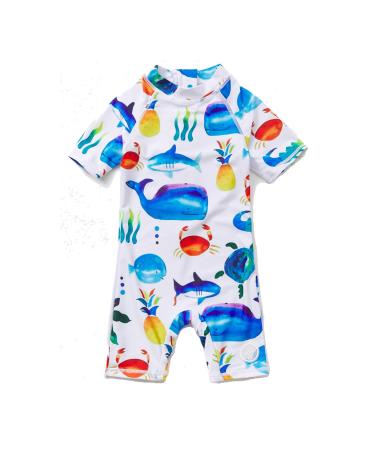 BONVERANO Baby Boys Swimsuit Toddler Bathing Suit Short-Sleeve Zipper One Piece Swimwear with UPF 50+ Sun Protection 9-12 Months White Fish