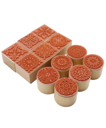 Fciqven 12Pcs Wooden Stamps Floral Pattern Rubber Stamp Round and Square Lace Wooden Rubber Stamp for Scrapbooking and DIY Craft Card
