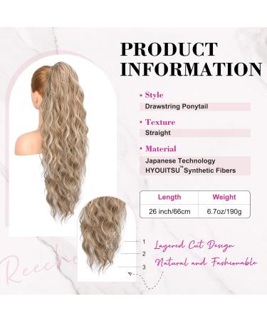 REECHO 26 Long Beach Wave Drawstring Ponytail Extension - Dark Blonde with Highlights | Synthetic Hairpiece for Women - Buy Online on SooperMarket.com
