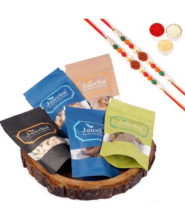Jaiccha Ghasitaram Rakhi Gifts for Brothers Log Platter of 5 Dryfruits with 2 Rudraksh Rakhis