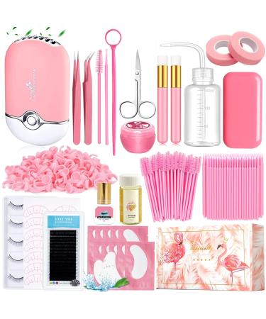 Lash Extension Kit Professional USB Eyelash Fan Individual 0.07D Curl Mix 8-15mm Extra Strong Glue Lash Glue Remover Eye Patch Silicone Pad Tapes Perfect Tool for Beginner Pink B