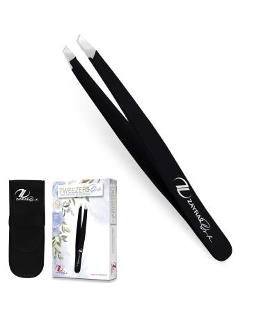 Slant Tip Tweezers - Professional Eyebrow Stainless Steel Tweezers - Best Precision Tweezers for Eyebrows - Splinter Tweezers for Facial Hair Removal for Daily Beauty Routine. (Black)