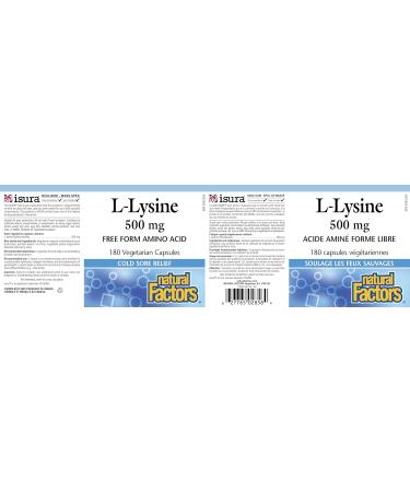 Natural Factors L-Lysine 500mg 180 vegetarian capsules Helps Reduce the Recurrence Severity and Healing Time of Cold Sores - Buy Online on SooperMarket.com