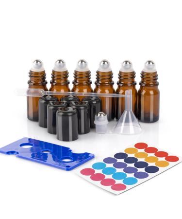 ComSaf 5ml essential oils roller glass bottles 6-Set anti-UV empty glass roll-on roll on essential oils roll on bottle empty pipette rollon bottles for oils massage Dterra essential oils brown 5ml x 6