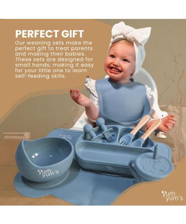 Yum Yum's Silicone Baby Weaning Set of 10 with Suction Bowl, Spoon, Fork & Cup - Blue | Baby Feeding Set for Easy Transition to Solids - Buy Online on SooperMarket.com