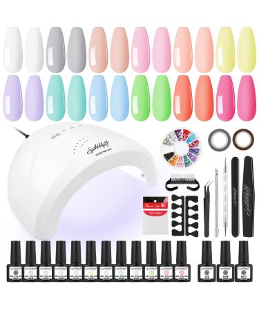 SPTHTHHPY 12+3 Gel Nail Polish Set with 48W Lamp Starter Kit - Nail Kits Full Set for Beginners with Base and Top Coat - Manicure Salon Tools Nail Art DIY at Home Macaron Girl