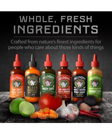 Melinda's Craft Pepper Sauce Gift Set - Black Truffle, Thai Sweet Chili, Roasted Garlic & Habanero, Ghost Pepper, Spicy Garlic Parmesan - 12 oz, 6 Pack - Buy Online on SooperMarket.com