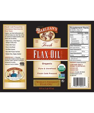 Barlean's Organic Fresh Flax Oil 16 oz - Cold Pressed, Nutritious Omega-3 Source - Buy Online on SooperMarket.com