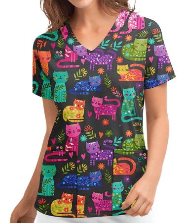 Cat Flower Print V Neck Scrub Top - XX-Large - Black | Nurse Uniform with Pockets - Buy Online on SooperMarket.com