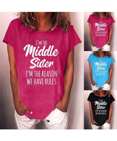 TUNUSKAT Middle Sister T-Shirt - Funny Letter Print Cotton Blouse in Hot Pink | Women's Casual Short Sleeve Top - Buy Online on SooperMarket.com